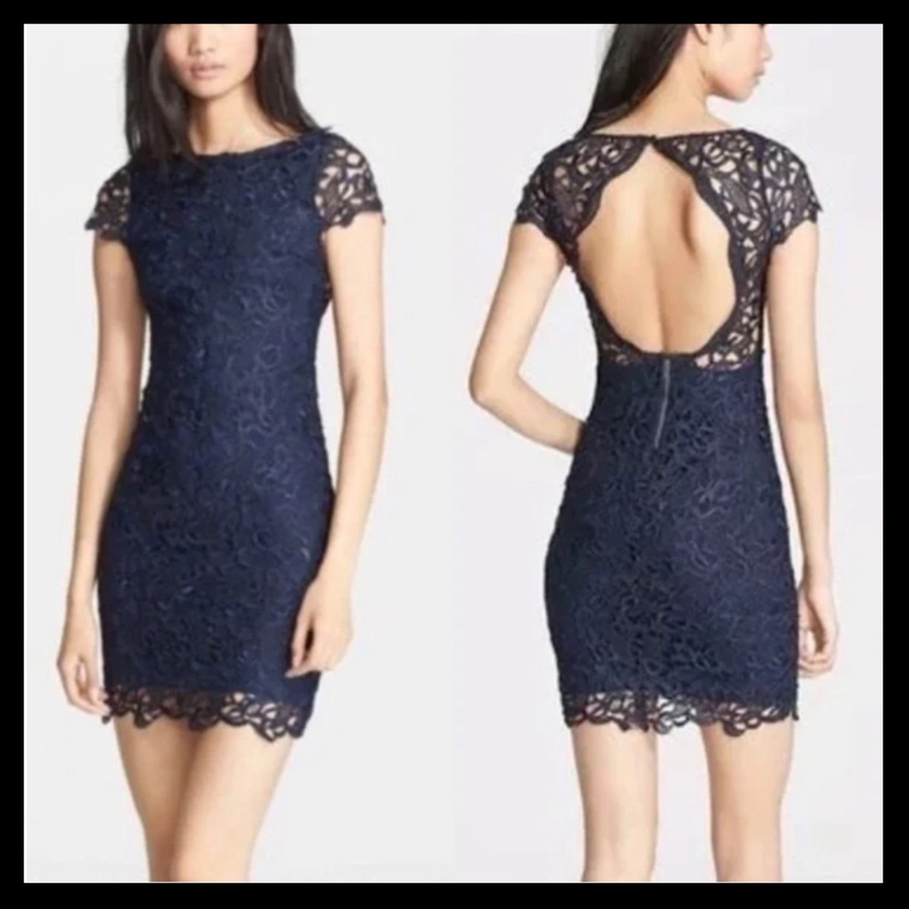 ALICE + OLIVIA CLOVER LACE SAPPHIRE BLUE FLORAL CUTOUT BACK MINI COCKTAIL DRESS